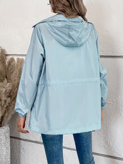 Solid Hooded Rain Jacket Zip Up Long Sleeve Outerwear