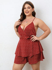 Boho Romper Women's Plus Dot Print Belted V Neck Cami Romper