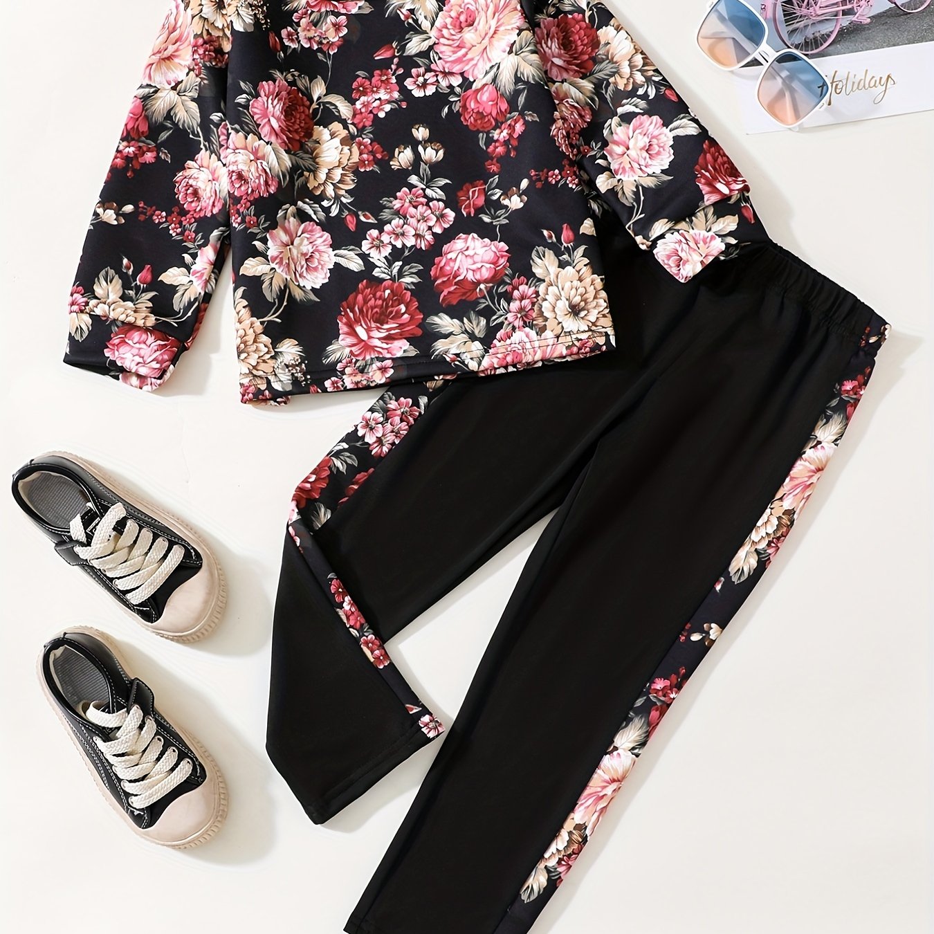 Peony Floral Pattern Girl's 2pcs Long Sleeve Top & Pants Set