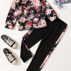 Peony Floral Pattern Girl's 2pcs Long Sleeve Top & Pants Set