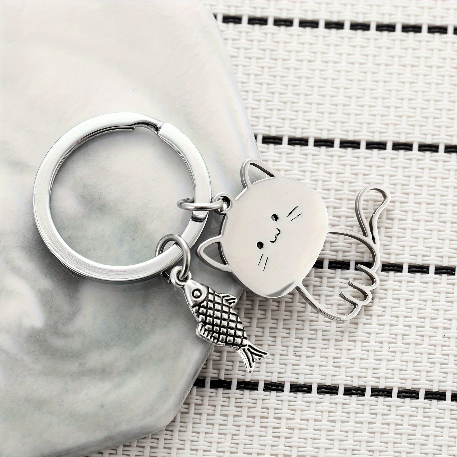 Cat Fish Stainless Steel Keychain Cartoon Metal Hanging Pendant Ornament