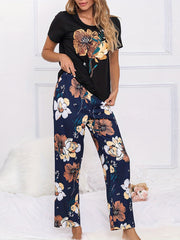 Big Flower Print Lounge Set Colorblock Top & Pants Women's Loungewear