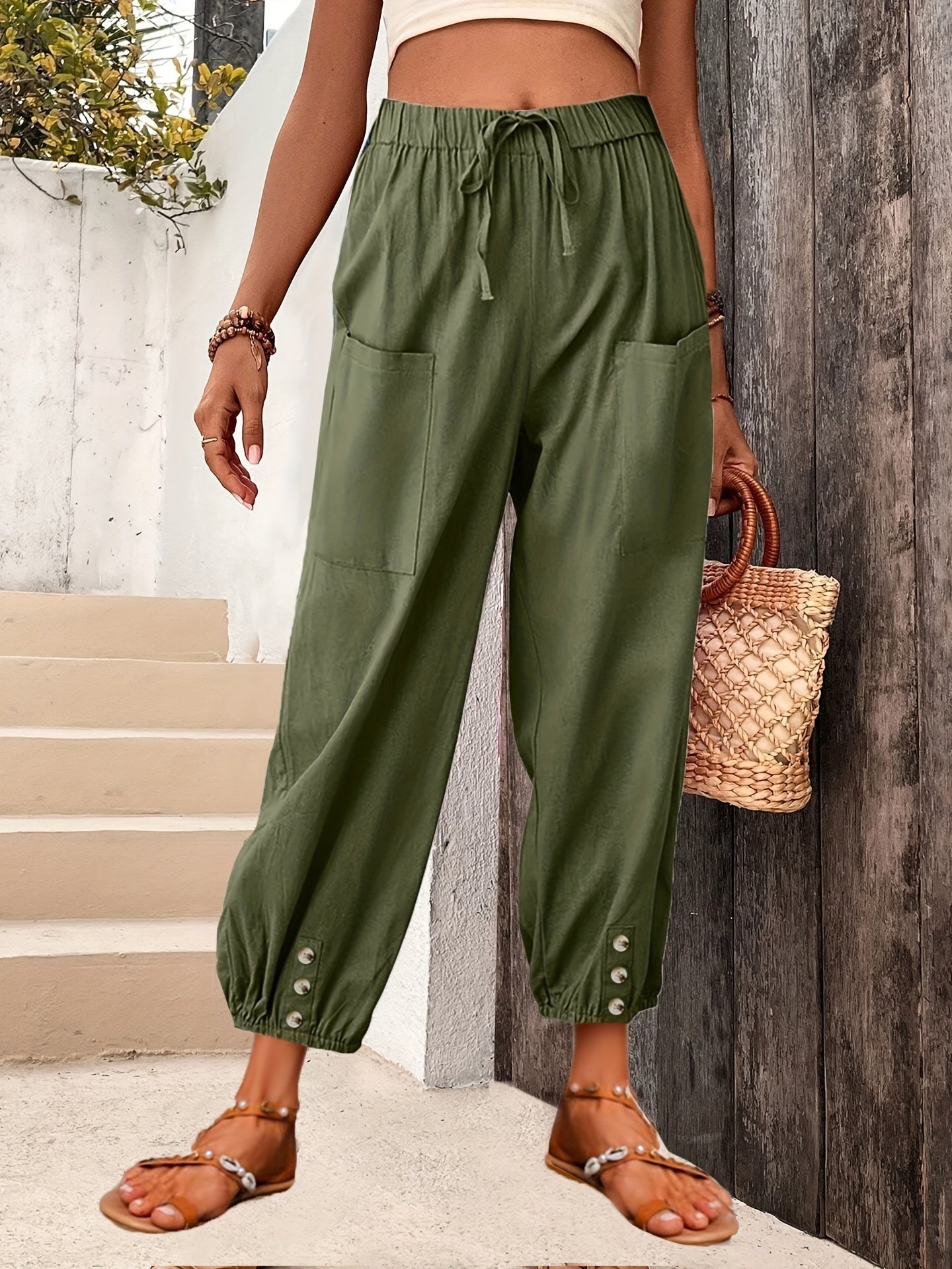 Minimalist Elastic Waist Cropped Pants Casual Solid Drawstring Pants Women