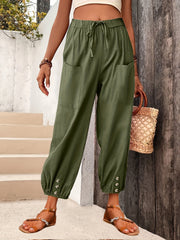 Minimalist Elastic Waist Cropped Pants Casual Solid Drawstring Pants Women