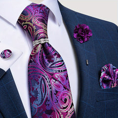DiBanGu Formal Mens Necktie Set Silver Ring Purple Paisley Ties