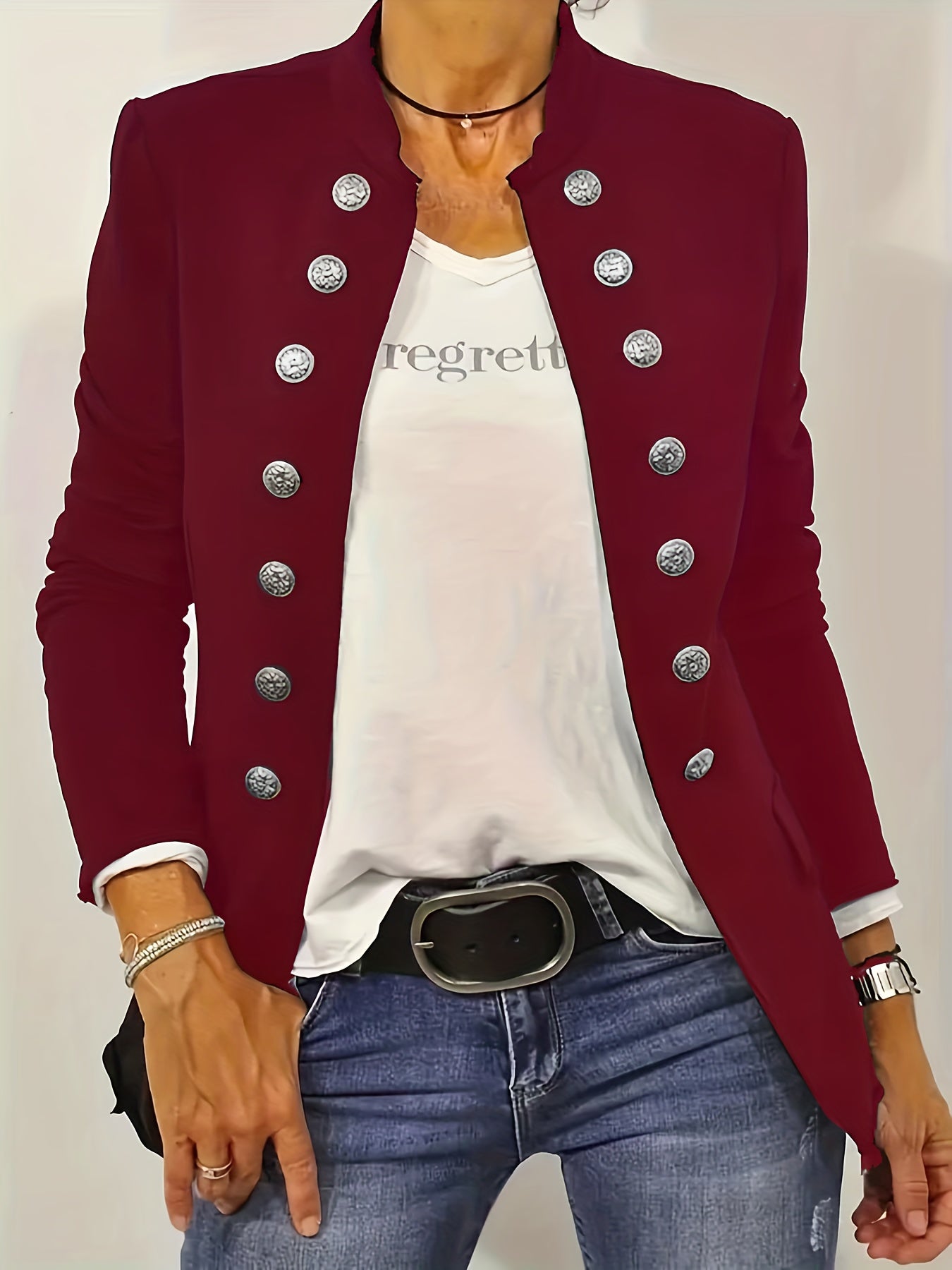 Solid Stand Collar Button Front Blazer for Women