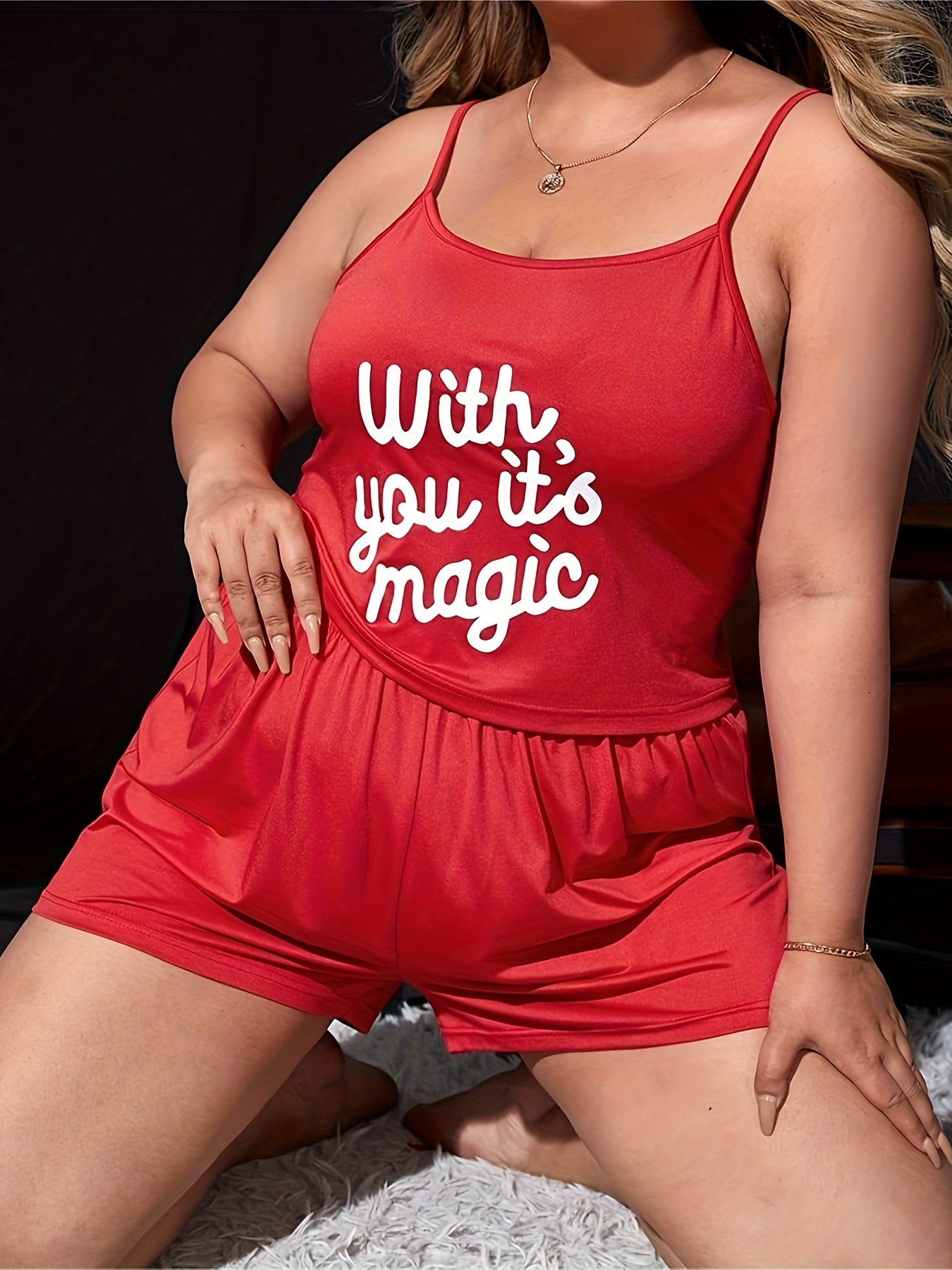 Women's Plus Slogan Print Cami Top & Shorts Pajamas Set