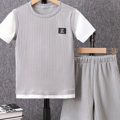Boy's 2pcs T shirt & Shorts Set Letter Patched Print Short Sleeve Top Waffle Tex