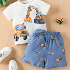 2pcs Toddler Boys Excavator Graphic T-Shirts & Shorts Set