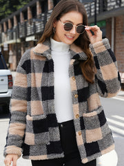 Plaid Print Teddy Coat Long Sleeve Winter Outwear