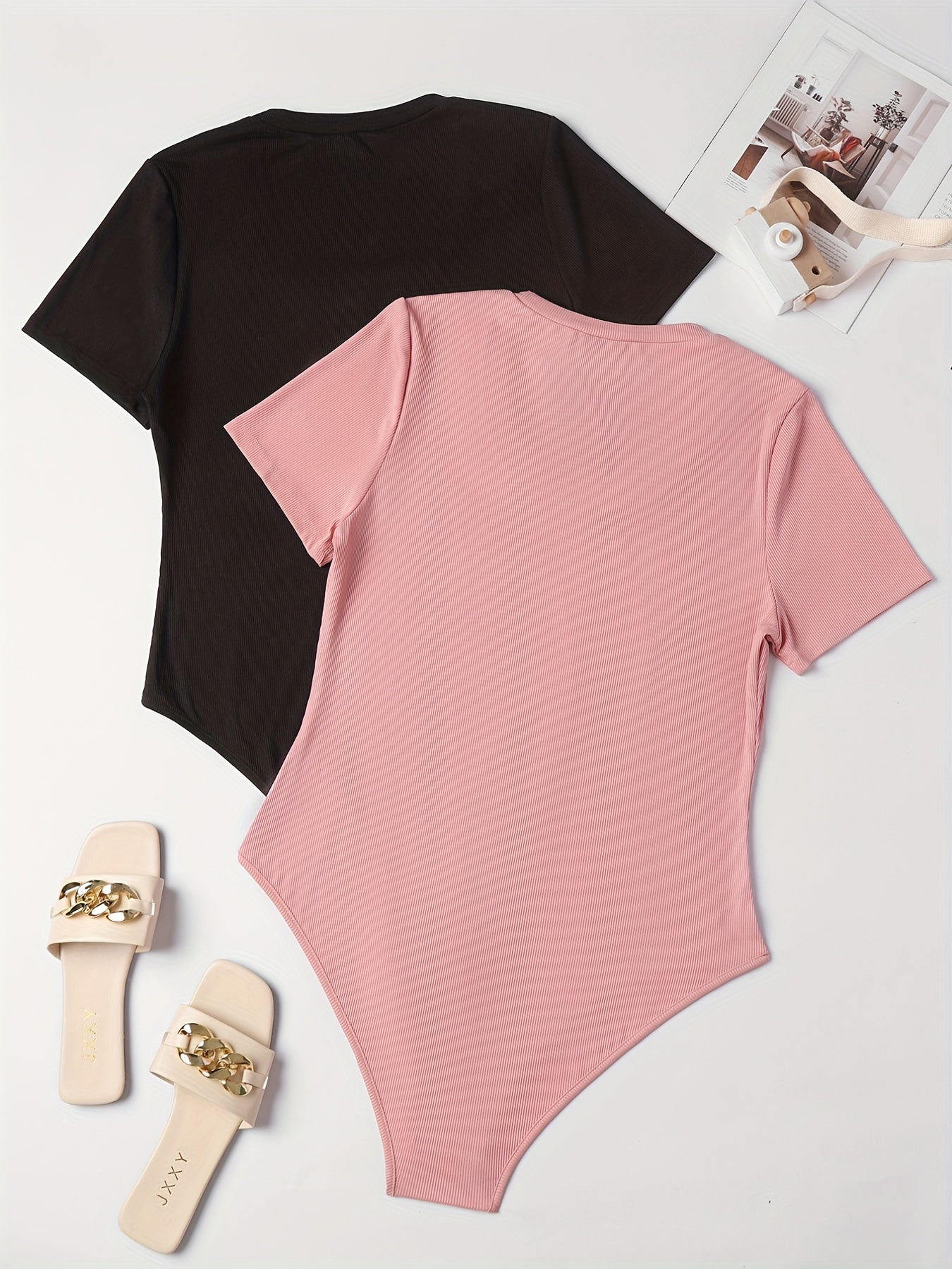 2 Pack Plus Size Basic Bodysuit Women's Plus Round Neck Short Sleeve Bodysuit
