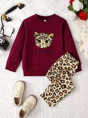Leopard Pattern Pajamas 2pcs Set Long Sleeve Top & Pants Girl's Loungewear