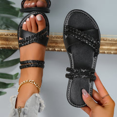 Women's Solid Braided Flat Sandals Slip On Cross Strap Lightweight Summer Shoes