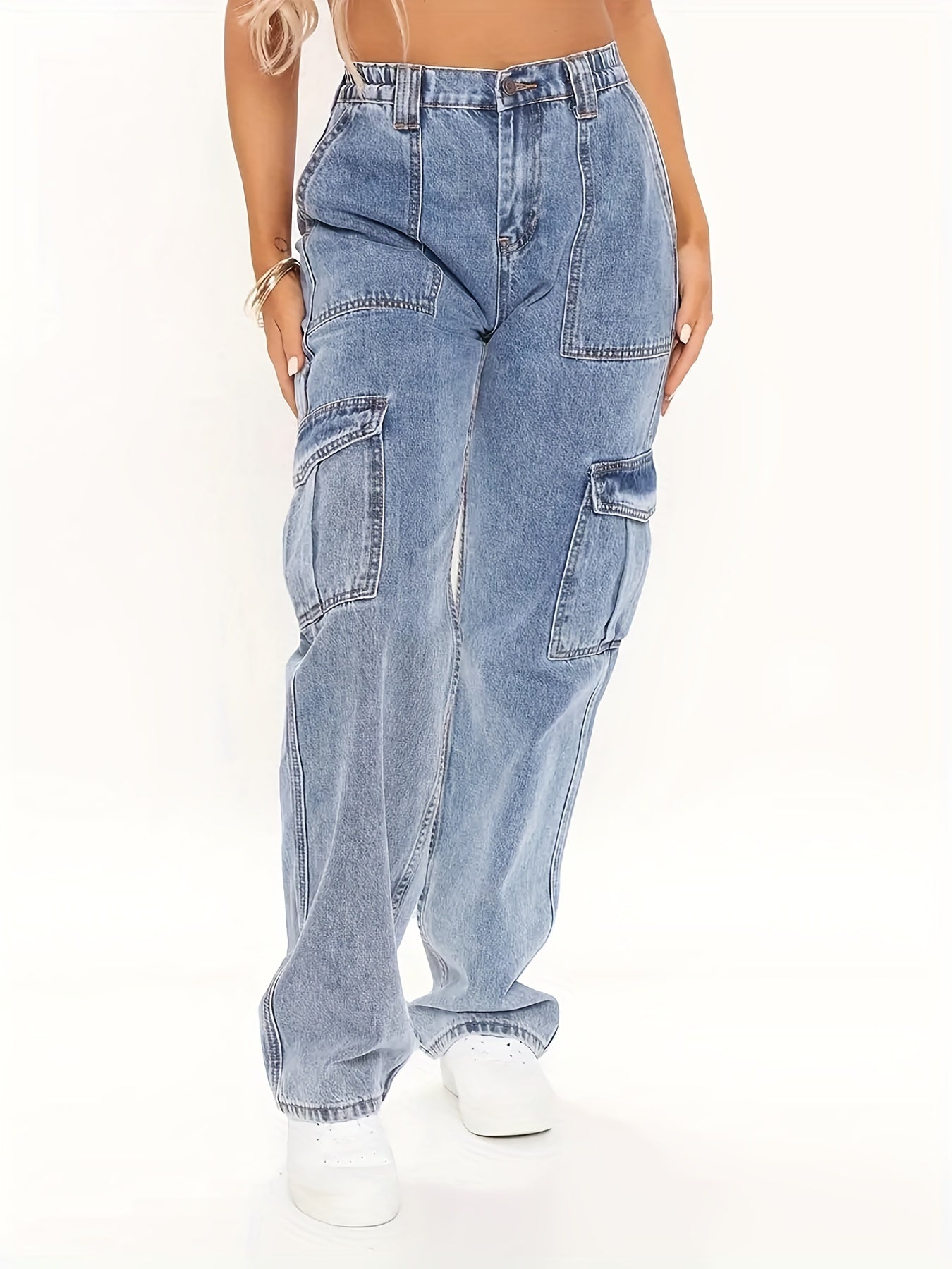 Cargo Jeans Elastic Waistband High Rise Denim Pants