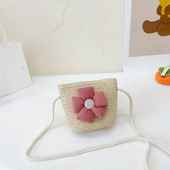 Girls Casual Braided Straw Bag With Flower Decoration Shoulder Bag