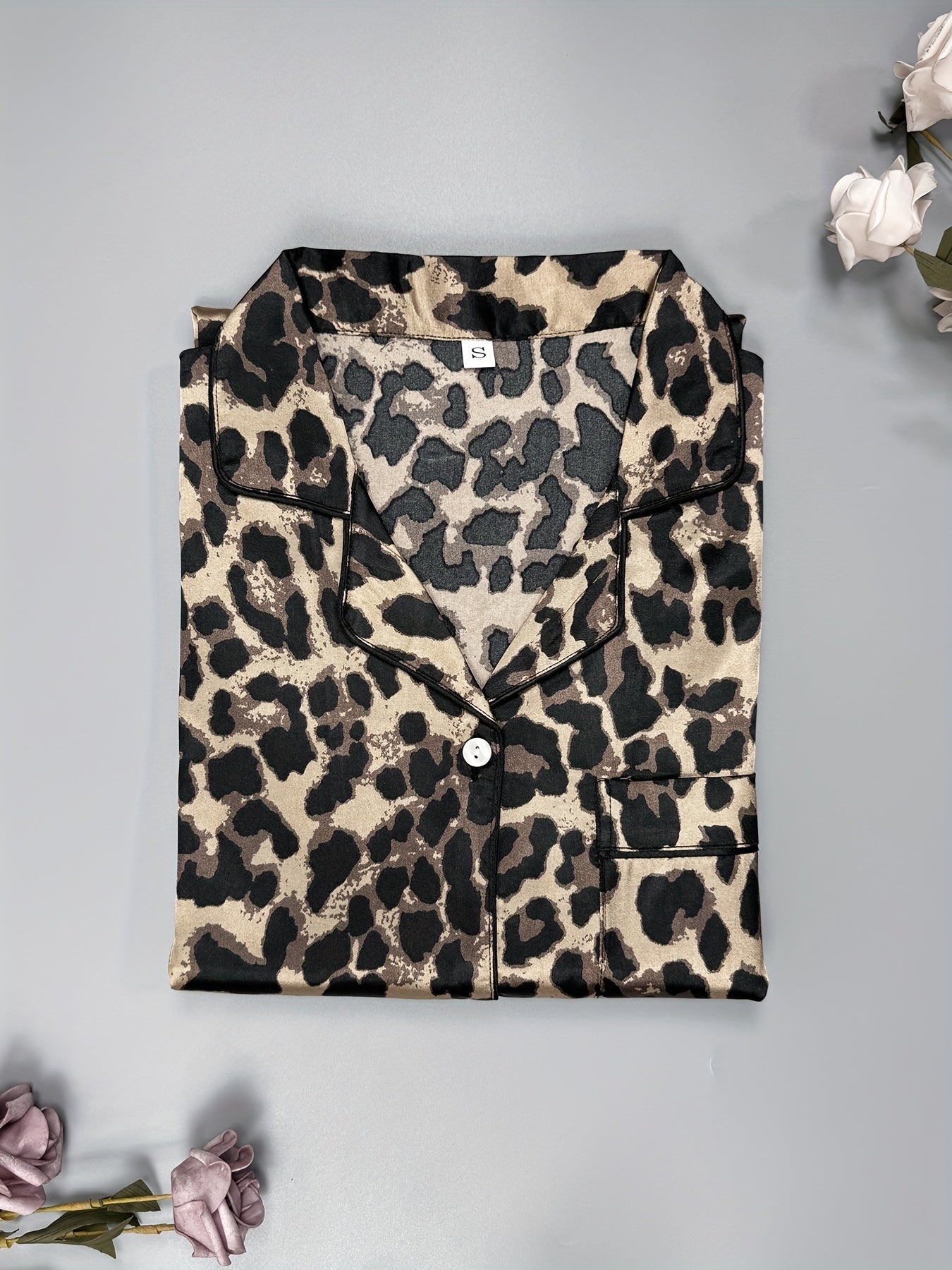 Leopard Satin NightDress Short Sleeve Pajama Dress Women's Sleepwear