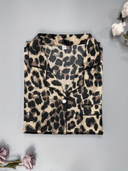 Leopard Satin NightDress Short Sleeve Pajama Dress Women's Sleepwear