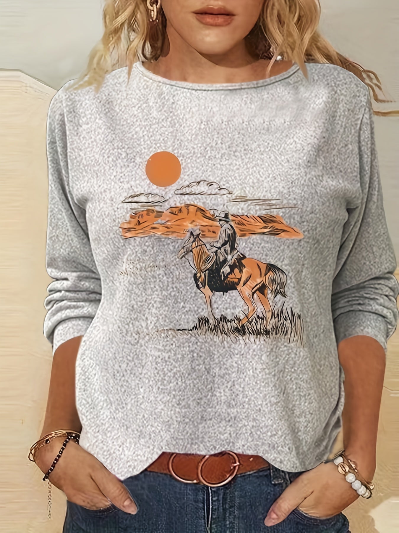 Cowboy Print Crew Neck Long Sleeve T shirt Women's Clothing