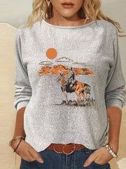 Cowboy Print Crew Neck Long Sleeve T shirt Women's Clothing