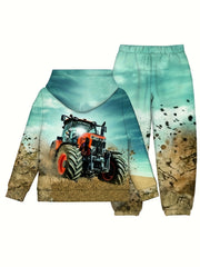 2pcs Boy's 3D Tractor Hoodie & Pants Set For Fall Winter