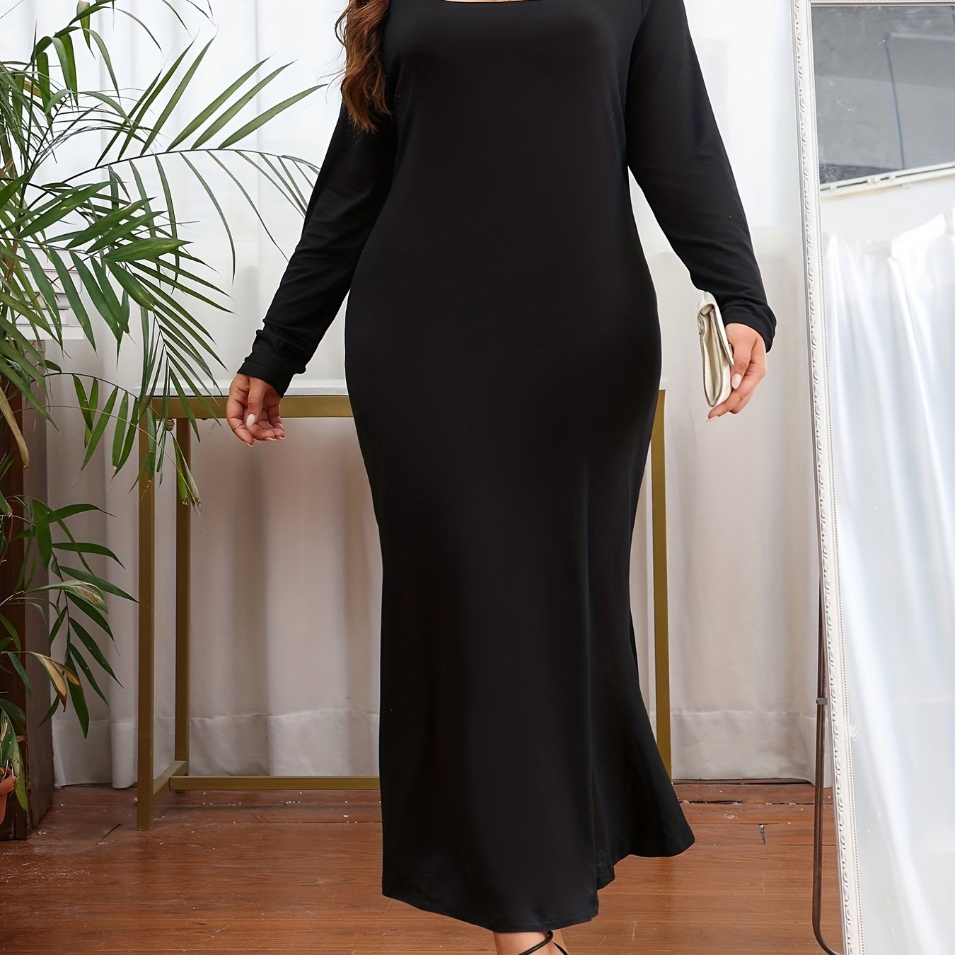Solid Keyhole Long Sleeve Round Neck Mermaid Maxi Party Dress