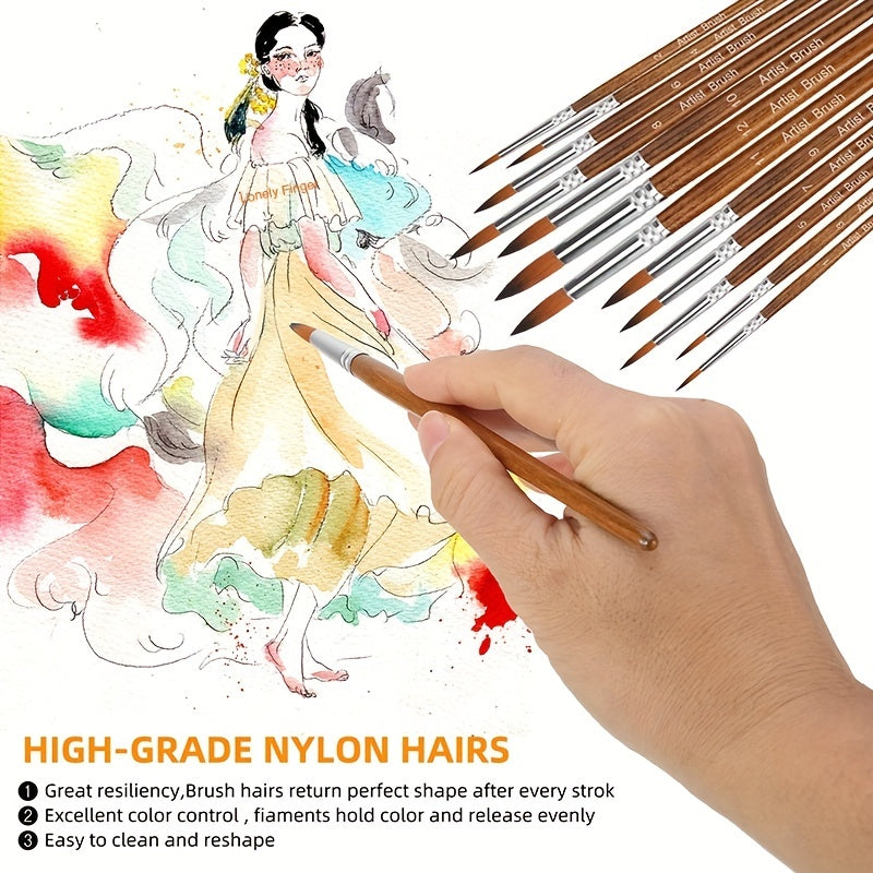 12 Paint Brushes Set Professional Round Pointed Tip Nylon Hair Acrylic Brush