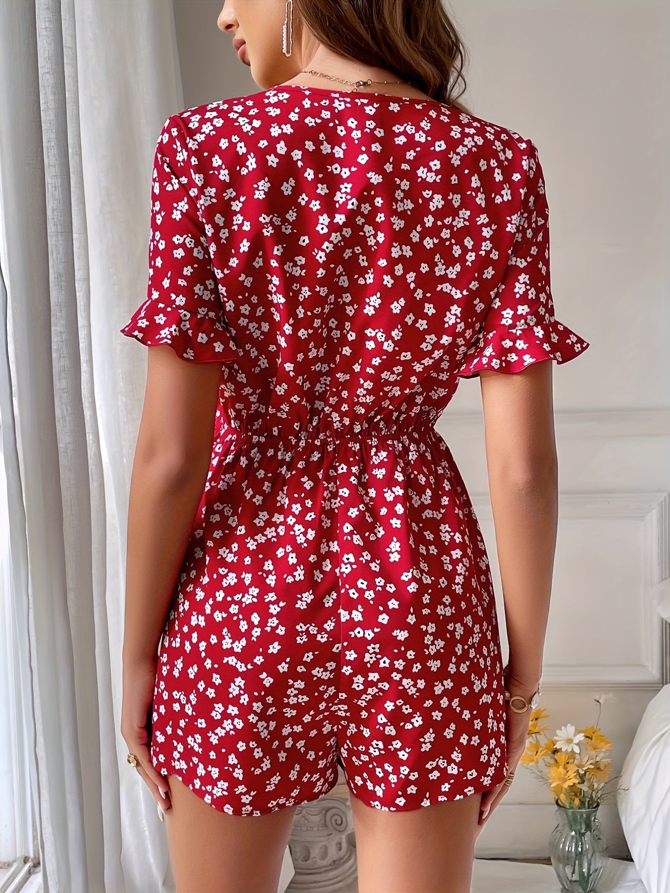 Floral Print Bow Front Romper Short Sleeve Jumpsuit
