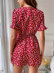 Floral Print Bow Front Romper Short Sleeve Jumpsuit
