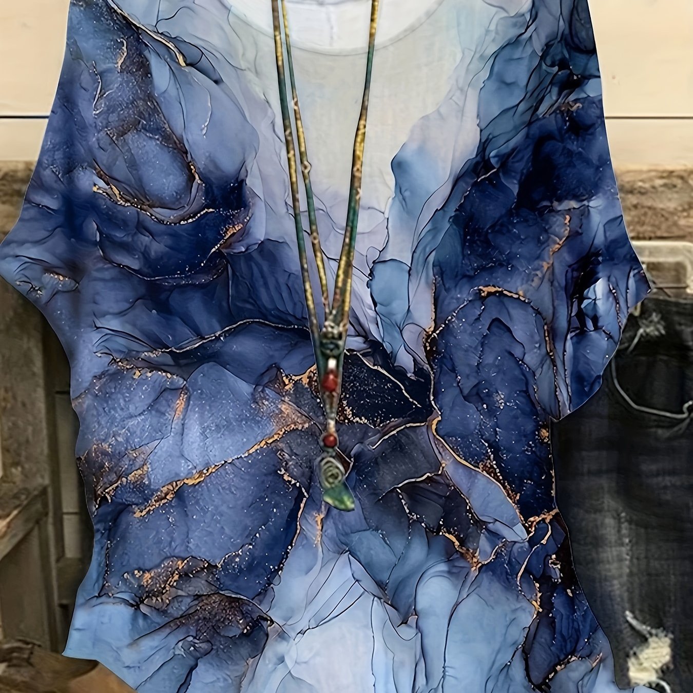 Glitter Marble Print Round Neck Top