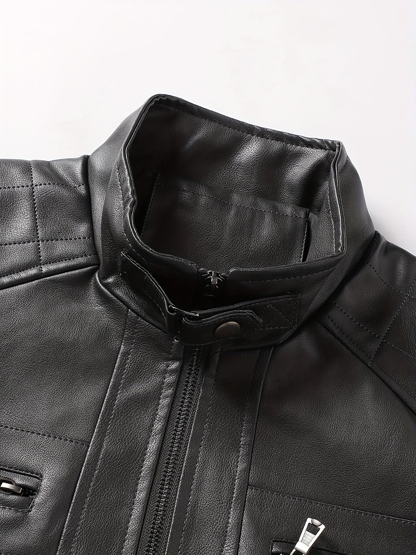 Men's Solid PU Zip Jacket Stand Collar