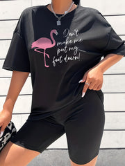 Flamingo Print T-shirt & Solid Shorts Set Women's Activewear