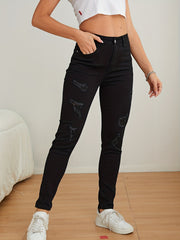 High Rise Ripped Skinny Jeans Solid Denim Pants