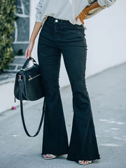 Solid Raw Trim Button Fly High Rise Flared Leg Jeans