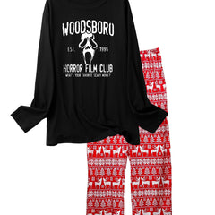 Scary Face Print Pajama Set Long Sleeve Crew Neck Top & Loose Pants