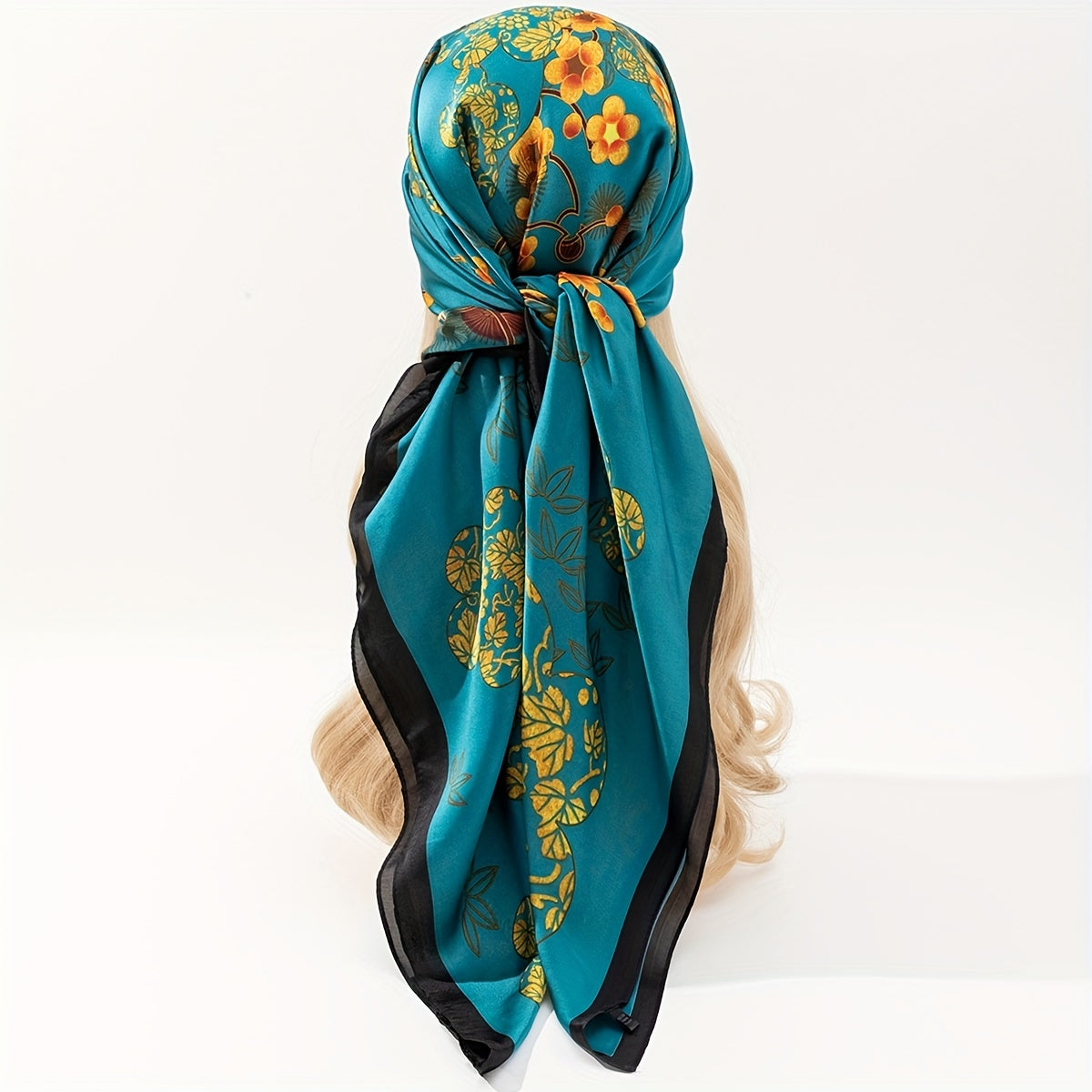 Golden Plum Blossom Print Bandana Vintage Shawl Satin Large Square Scarf