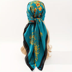 Golden Plum Blossom Print Bandana Vintage Shawl Satin Large Square Scarf