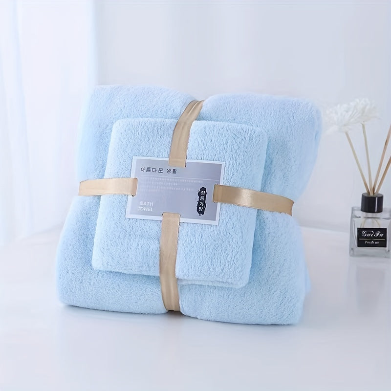 2pcs Solid Coral Fleece Towel Set Soft Hand & Bath Towel