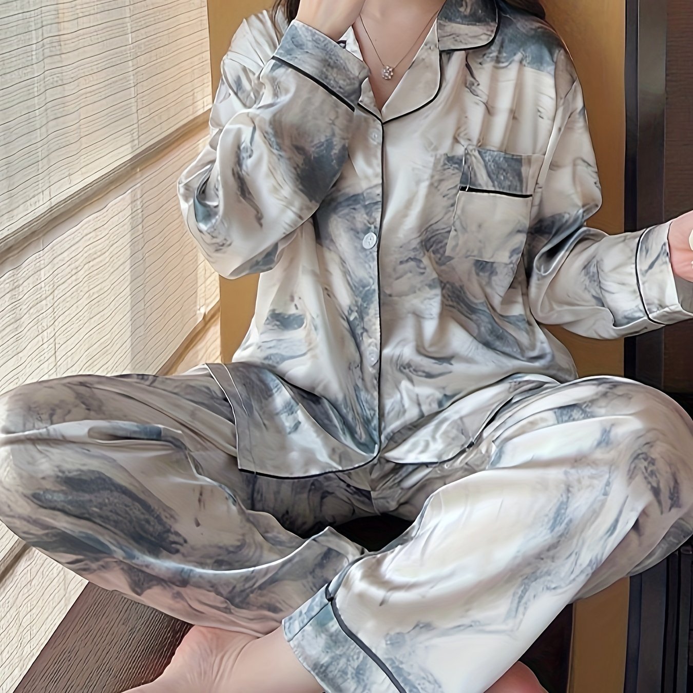 Satin Pajama Set Long Sleeve Top & Pants