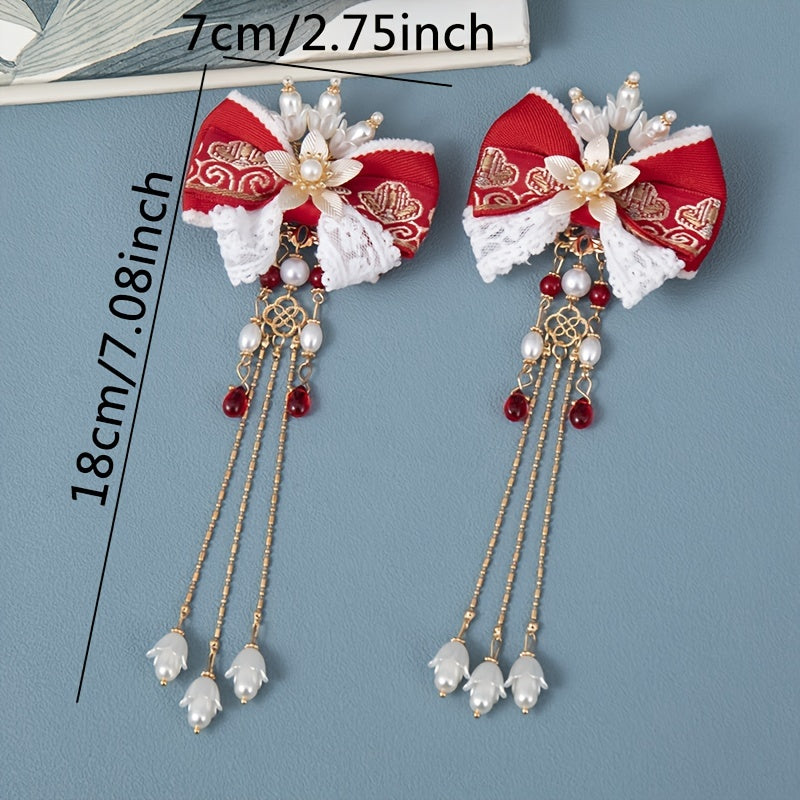 Vintage Embroidered Ribbon Bow Hair Clips with Lace Tassel