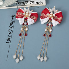 Vintage Embroidered Ribbon Bow Hair Clips with Lace Tassel