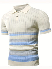 Stripe Pattern Polo Sweater Men's Warm Stretch V Neck Pullover