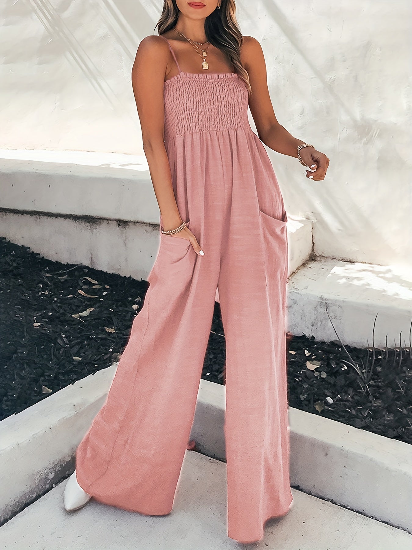Wide Leg Sleeveless Jumpsuit Solid Shirred Spaghetti