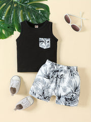 Baby Girls Leaf Print Tank Top & Shorts Set for Summer Beach