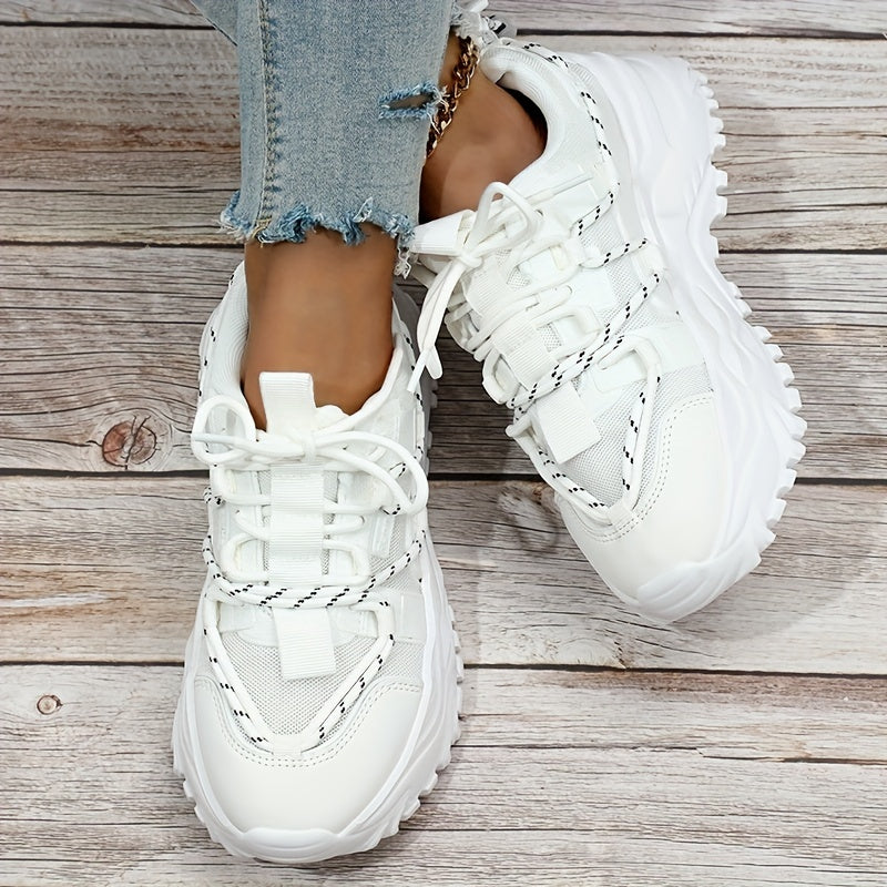 Women's Mesh Panel Platform Sneakers Lace Up Sporty Shoes