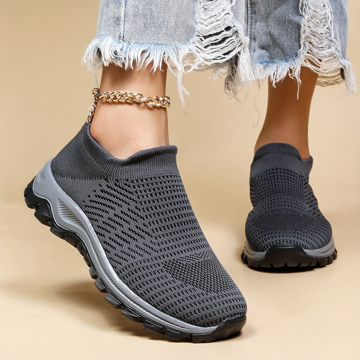 Women's Gray Walking Shoes Lightweight Slip On Flat Shoes