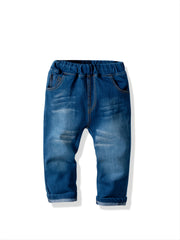 Boys Winter Casual Jeans Elastic Waist Solid Color
