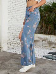 Front Split Pink Floral Print High Rise Denim Pants