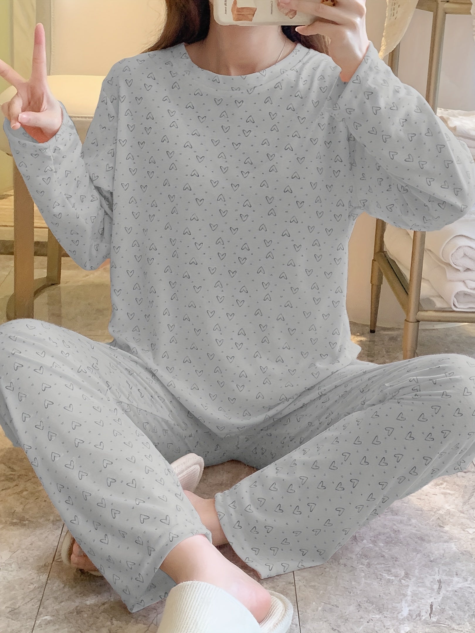 Heart Print Pajama Set Women's Sleepwear & Loungewear
