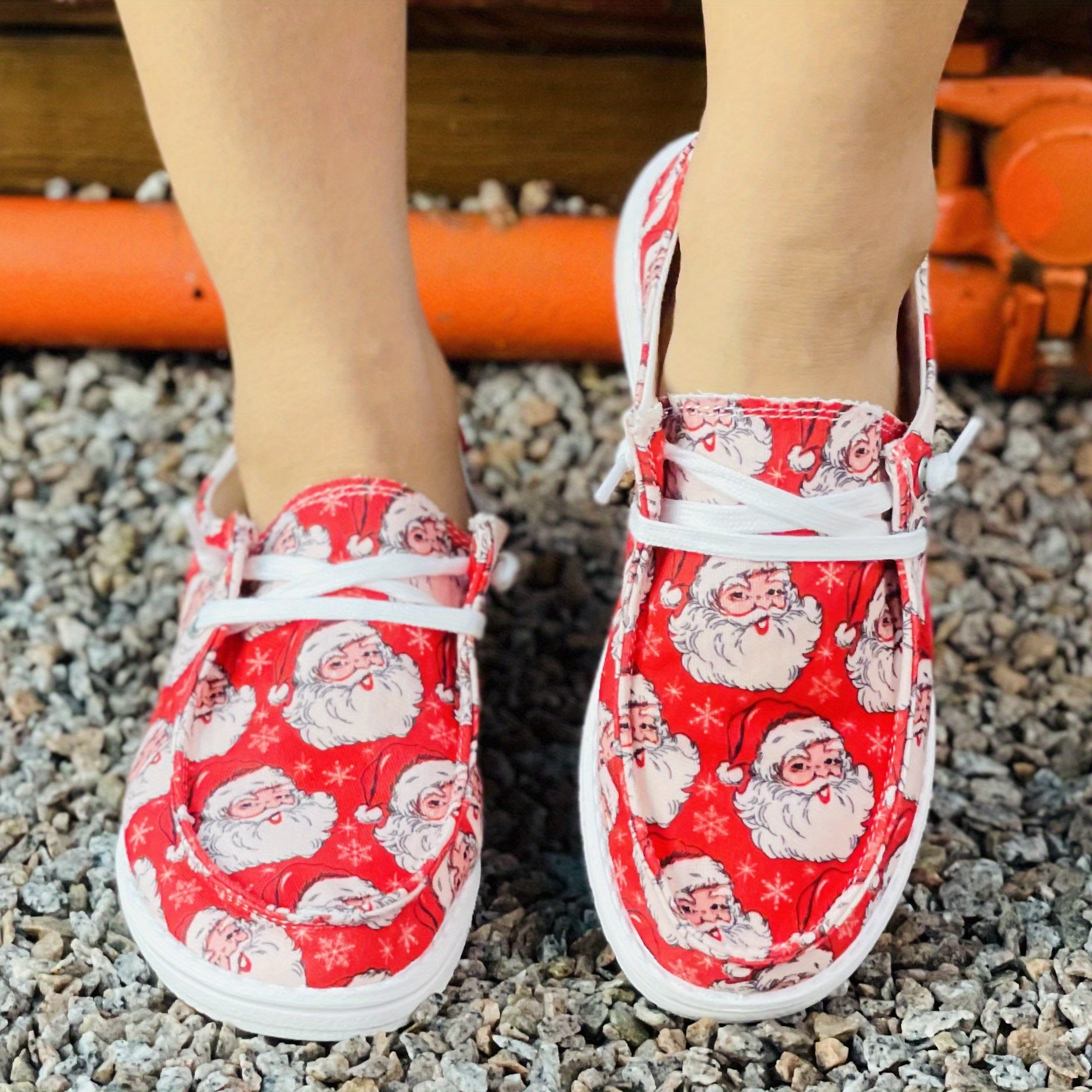 Women's Santa Claus Print Canvas Shoes Christmas Lace Up Outdoor