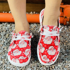 Women's Santa Claus Print Canvas Shoes Christmas Lace Up Outdoor